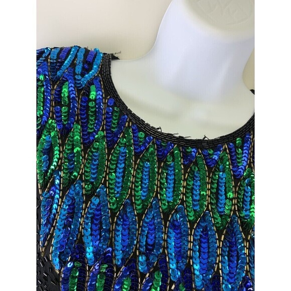 Stenay Silk Beaded Dress Sheath Short Sleeves Blue Black Peacock Feathers Size 6 - Picture 3 of 16